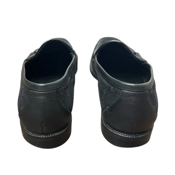 GUCCI Horsebit Loafers Black Leather GG Logo Monogram Canvas Silver Size 39 EU