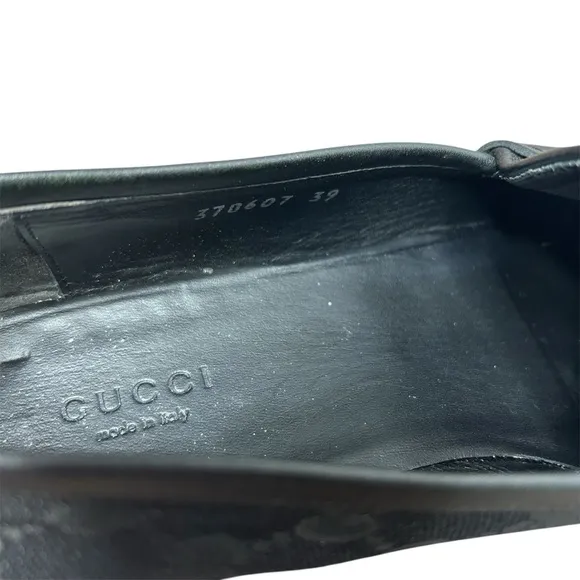 GUCCI Horsebit Loafers Black Leather GG Logo Monogram Canvas Silver Size 39 EU