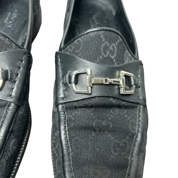 GUCCI Horsebit Loafers Black Leather GG Logo Monogram Canvas Silver Size 39 EU