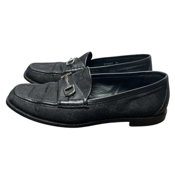 GUCCI Horsebit Loafers Black Leather GG Logo Monogram Canvas Silver Size 39 EU