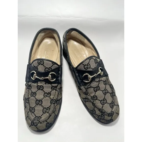 Gucci Monogram Loafers Gray &amp; Black w/ Silver Horsebit GG Vintage Sz 37 7