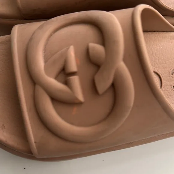 Gucci Tan Sandals with Wide Upper and Embossed Logo