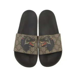 Gucci Authentic Wolf GG Logo Print Brown Black Sandals Slides 6