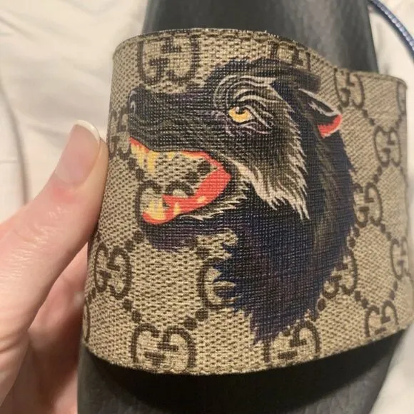 Gucci Authentic Wolf GG Logo Print Brown Black Sandals Slides 6