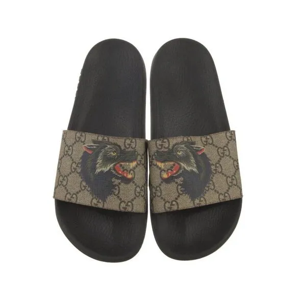 Gucci Authentic Wolf GG Logo Print Brown Black Sandals Slides 6