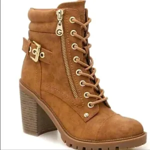 Guess 9.5 M Jaylee Light Brown Faux Leather Lace-up Side Zip Heeled Ankle Boots