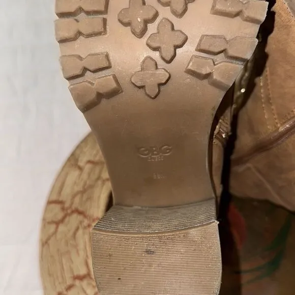 Guess 9.5 M Jaylee Light Brown Faux Leather Lace-up Side Zip Heeled Ankle Boots