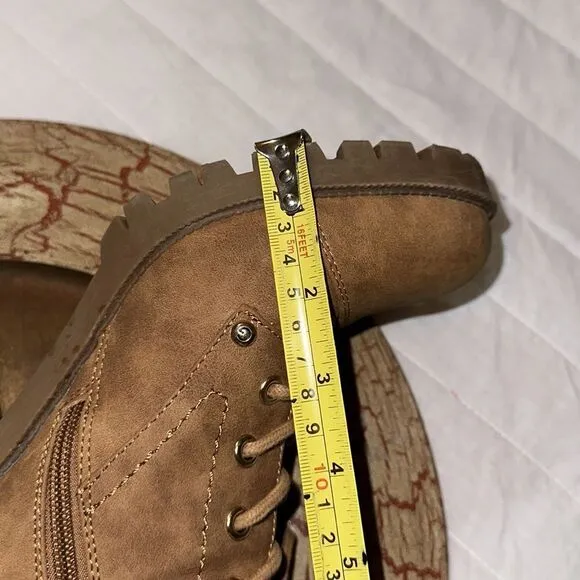 Guess 9.5 M Jaylee Light Brown Faux Leather Lace-up Side Zip Heeled Ankle Boots