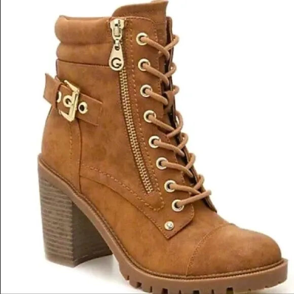 Guess 9.5 M Jaylee Light Brown Faux Leather Lace-up Side Zip Heeled Ankle Boots