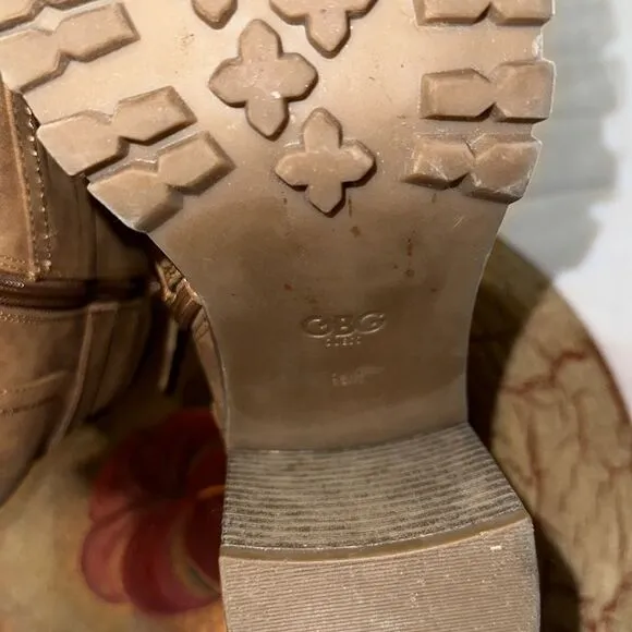 Guess 9.5 M Jaylee Light Brown Faux Leather Lace-up Side Zip Heeled Ankle Boots
