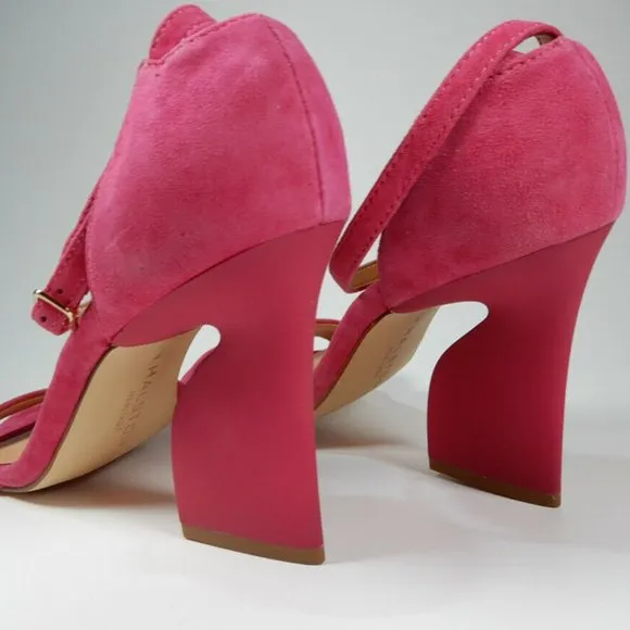 HALSTON HERITAGE Mandi Ankle Strap SANDALS 7 Hot Pink Suede Chunky Heel NEW