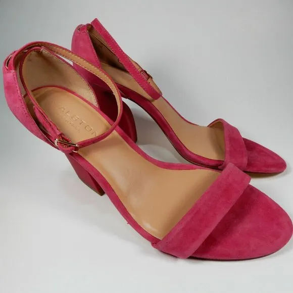 HALSTON HERITAGE Mandi Ankle Strap SANDALS 7 Hot Pink Suede Chunky Heel NEW