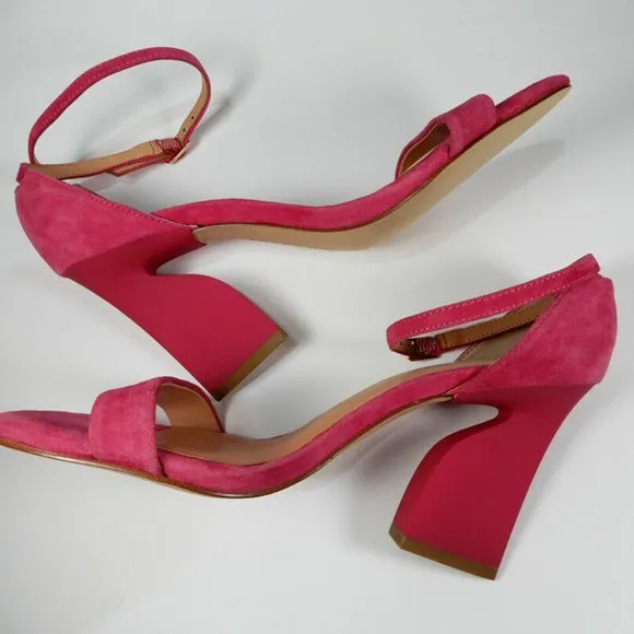 HALSTON HERITAGE Mandi Ankle Strap SANDALS 7 Hot Pink Suede Chunky Heel NEW