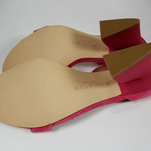 HALSTON HERITAGE Mandi Ankle Strap SANDALS 7 Hot Pink Suede Chunky Heel NEW