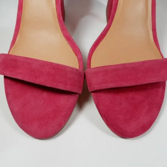 HALSTON HERITAGE Mandi Ankle Strap SANDALS 7 Hot Pink Suede Chunky Heel NEW