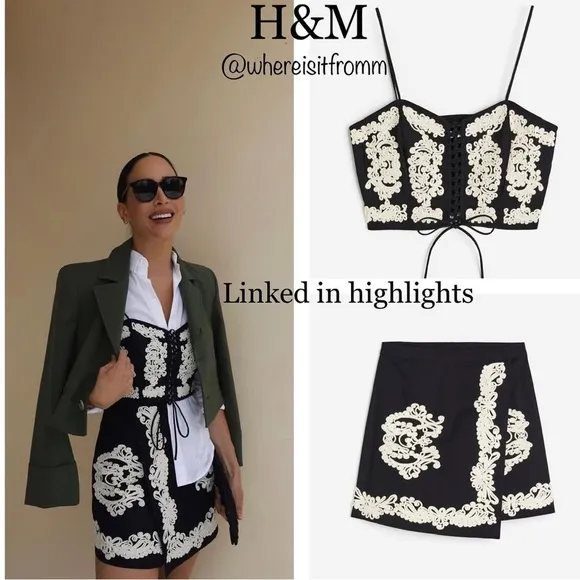 H&amp;M black &amp; white embroidered mini skirt &amp; top matching 2 piece set