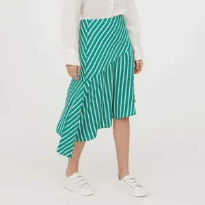 H&amp;M Silky Asymmetric Flared Striped Patterned Mint Green Midi Skirt 14