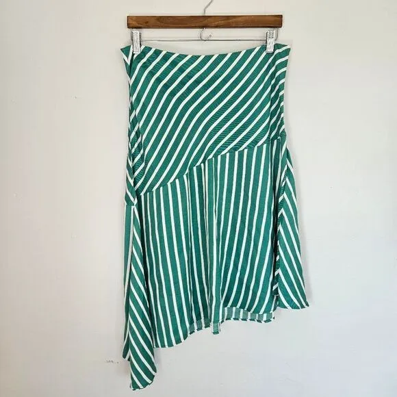 H&amp;M Silky Asymmetric Flared Striped Patterned Mint Green Midi Skirt 14