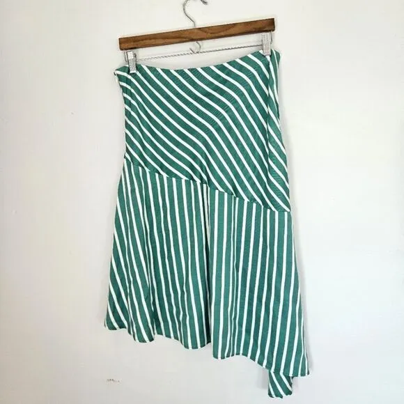 H&amp;M Silky Asymmetric Flared Striped Patterned Mint Green Midi Skirt 14