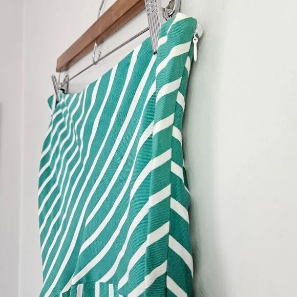 H&amp;M Silky Asymmetric Flared Striped Patterned Mint Green Midi Skirt 14