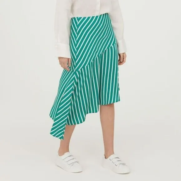H&amp;M Silky Asymmetric Flared Striped Patterned Mint Green Midi Skirt 14