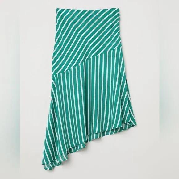 H&amp;M Silky Asymmetric Flared Striped Patterned Mint Green Midi Skirt 14