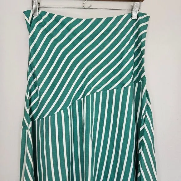 H&amp;M Silky Asymmetric Flared Striped Patterned Mint Green Midi Skirt 14
