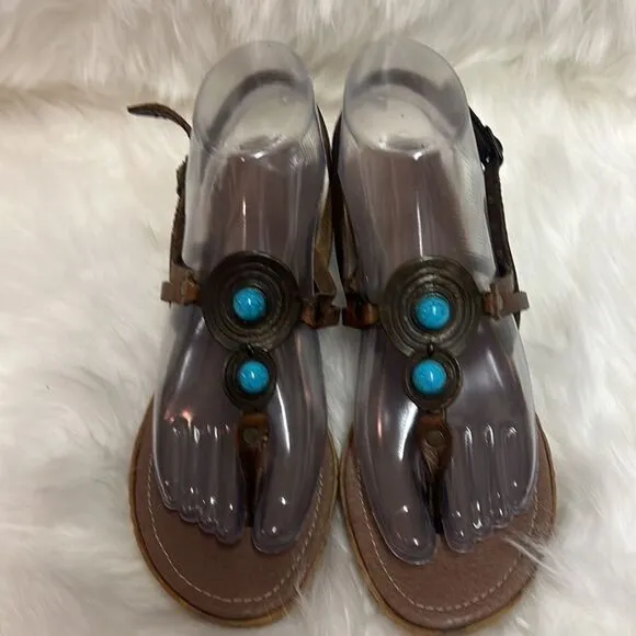 Hand made Axiaaeion Leather sandals Greek brown and Turquoise A11