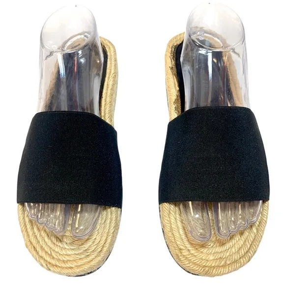 Helmut Lang Black Woven Fabric Slide Sandals Espadrille Leather Insole 39 Shoes