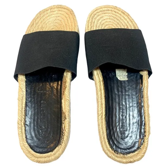 Helmut Lang Black Woven Fabric Slide Sandals Espadrille Leather Insole 39 Shoes
