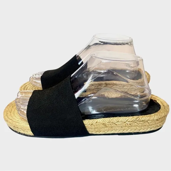 Helmut Lang Black Woven Fabric Slide Sandals Espadrille Leather Insole 39 Shoes