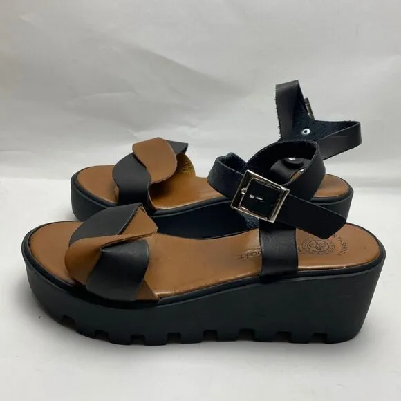 HERA SOFT Chunky Black &amp; Brown Leather Platform Sandals Anti-Shock Sole Size 41