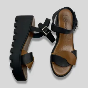 HERA SOFT Chunky Black &amp; Brown Leather Platform Sandals Anti-Shock Sole Size 41