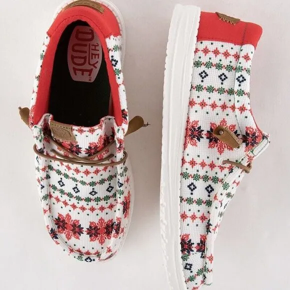 Hey Dude Wally Shoes Mens 10 Ugly Sweater Cream Canvas Shoes Christmas Loafers