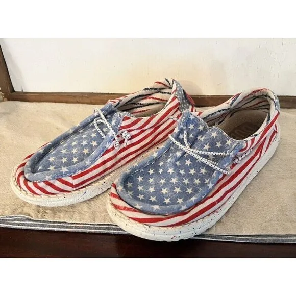 Hey Dude Wally Shoes Youth 3 Womens 5 Stars and Stripes Bungee Red White Blue
