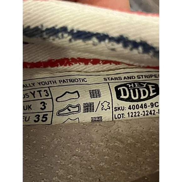 Hey Dude Wally Shoes Youth 3 Womens 5 Stars and Stripes Bungee Red White Blue