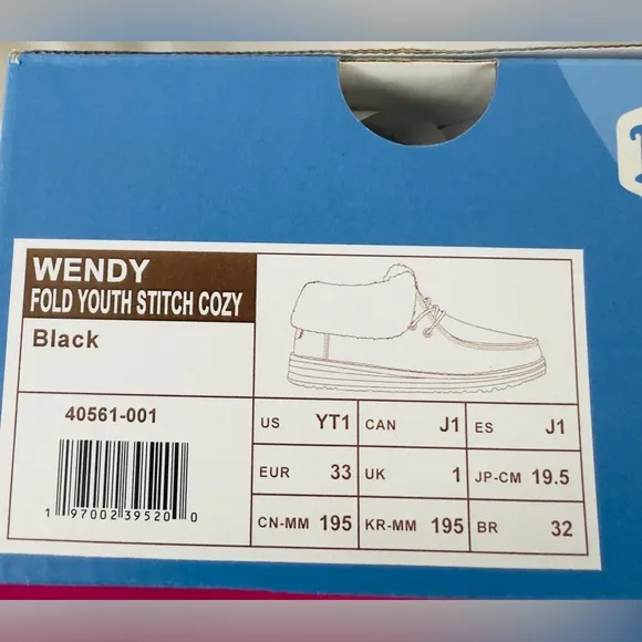 Hey Dude Wendy Black Fold Stitch Cozy Shoes Youth T (Little Boy) 1  New in box!
