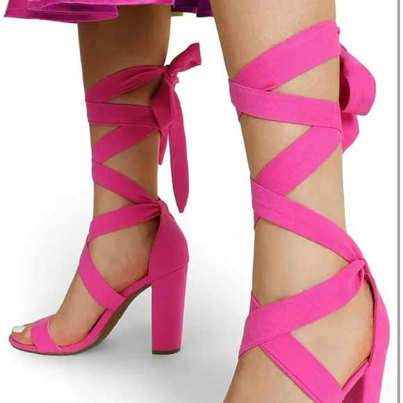 High Heels Lace Up Chunky Block Heels Strappy Sexy Open Toe Heels Pumps Sandals