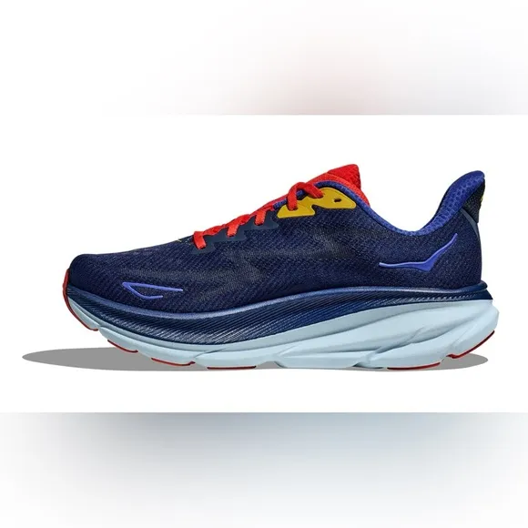 Hoka One Clifton 9 Bellwether Blue, Red &amp; Yellow Sz 9.5D w Cushiom Midsole