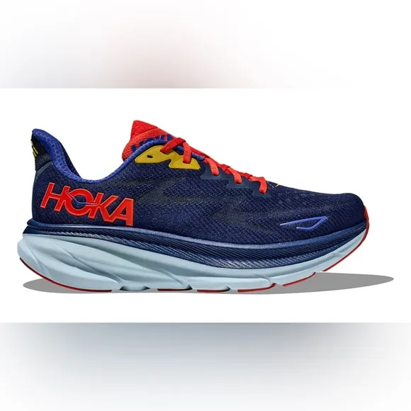 Hoka One Clifton 9 Bellwether Blue, Red &amp; Yellow Sz 9.5D w Cushiom Midsole