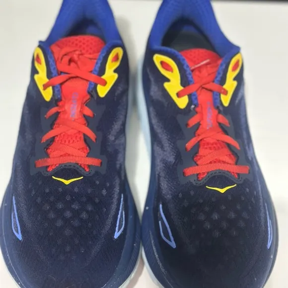 Hoka One Clifton 9 Bellwether Blue, Red &amp; Yellow Sz 9.5D w Cushiom Midsole