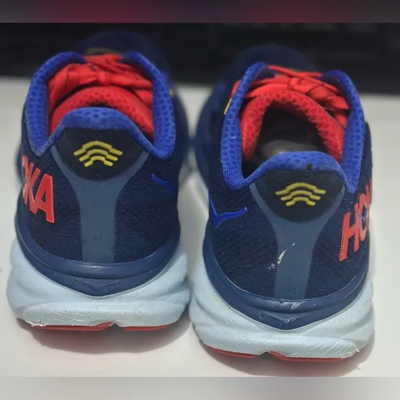 Hoka One Clifton 9 Bellwether Blue, Red &amp; Yellow Sz 9.5D w Cushiom Midsole