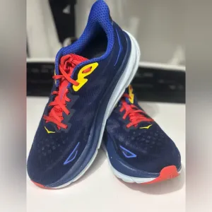 Hoka One Clifton 9 Bellwether Blue, Red &amp; Yellow Sz 9.5D w Cushiom Midsole