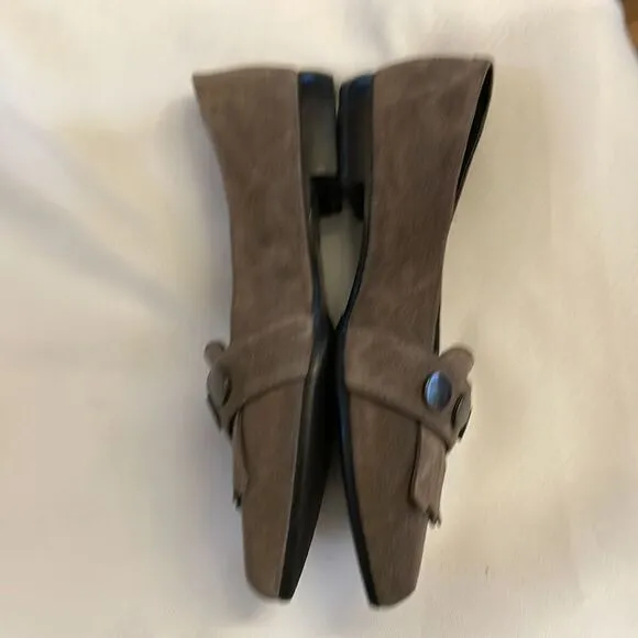 HOMERS TAUPE SUEDE KILTY AND STUD DETAIL FLATS.  NEW.