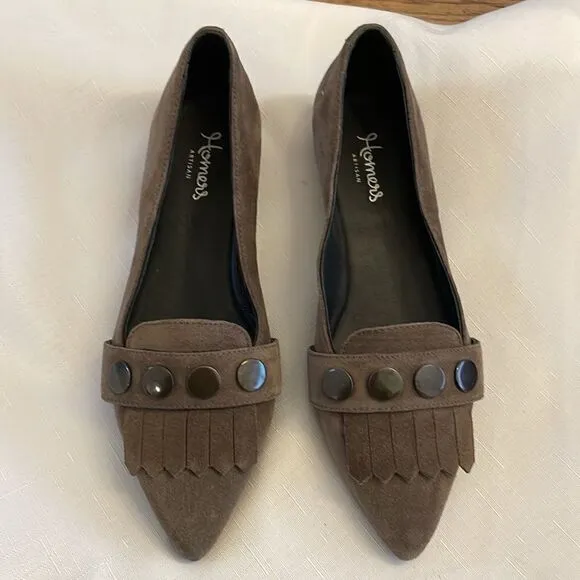 HOMERS TAUPE SUEDE KILTY AND STUD DETAIL FLATS.  NEW.
