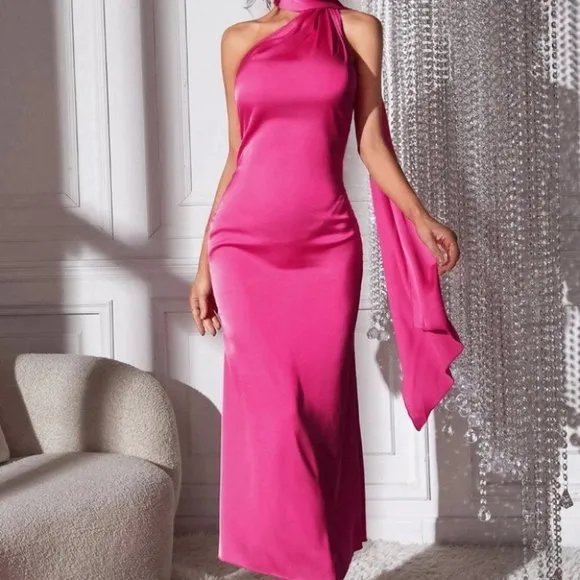 Hot Pink  Belle Asymmetric Neck Backless Satin Dress