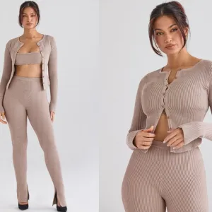 HOUSE OF CB 'Sylvia' Taupe Ribbed Knit Cardigan NWOT