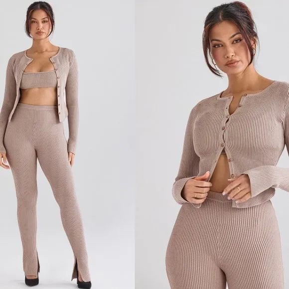 HOUSE OF CB 'Sylvia' Taupe Ribbed Knit Cardigan NWOT