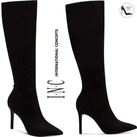 INC Rajelf Knee-High Boots Black Suede Pointed Toe Stiletto Heel Boots 8.5