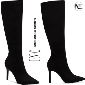 INC Rajelf Knee-High Boots Black Suede Pointed Toe Stiletto Heel Boots 8.5